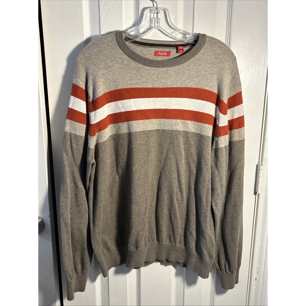 IZOD Striped Sweater‎ Mens L Brown, Orange White 100% Cotton